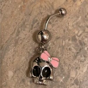 STAINLESS STEEL 2/3” SKULL w/pink bow BELLY RING:Surgical steel belly bar insert